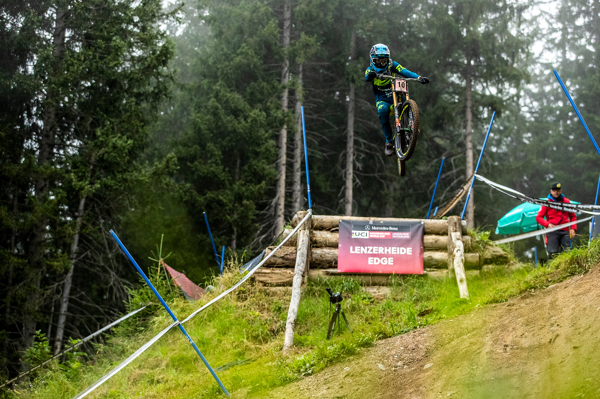 Emilie Siegenthaler launches off a jump on the DH course.